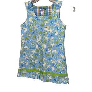 HARTSTRINGS GIRLS BLUE‎ AND GREEN STARFISH AND SHELL PRINT DRESS Size 7